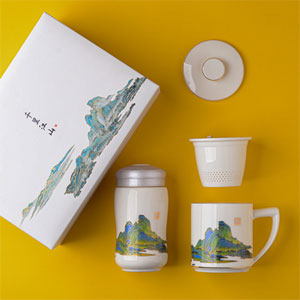 中式陶瓷内胆水杯礼品定制 景德镇带盖复古泡茶杯 大容量保温杯礼品定做